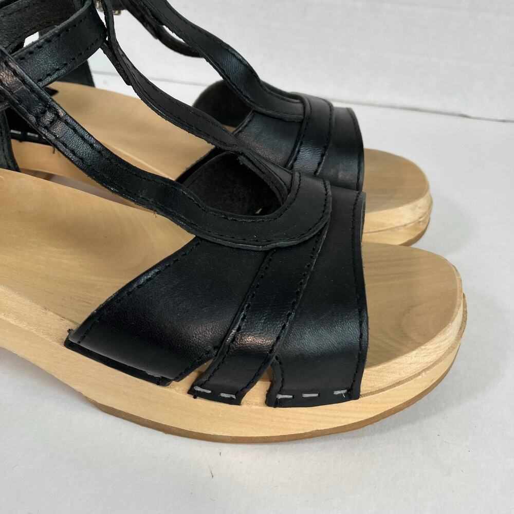 Swedish Hasbeens Ulla Low Sandals Size US 11 EU 41 Black Leather Wood Platform - Picture 7 of 16